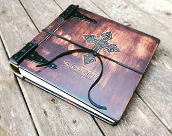 Personalized Religious Gifts Cross Engraving 12x12 Monogram Photo Album Wood & Leather Gift Idea, Engraved Religious Personalized Bible Gift