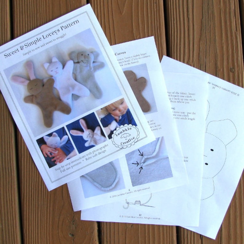 May include: A sewing pattern for a simple lovey toy. The pattern includes instructions and diagrams for sewing a brown bunny, a white bunny, and a gray elephant. The pattern is titled "Sweet & Simple Loveys Pattern" and includes the text "Lambkin Creative".