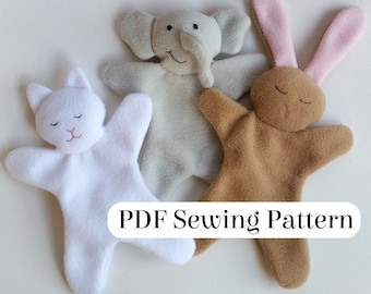 Sweet & Simple Loveys Pattern - PDF sewing pattern - DIY baby gift - Comfort Blanket Animal - Kitten, Elephant, and Bunny Blankie