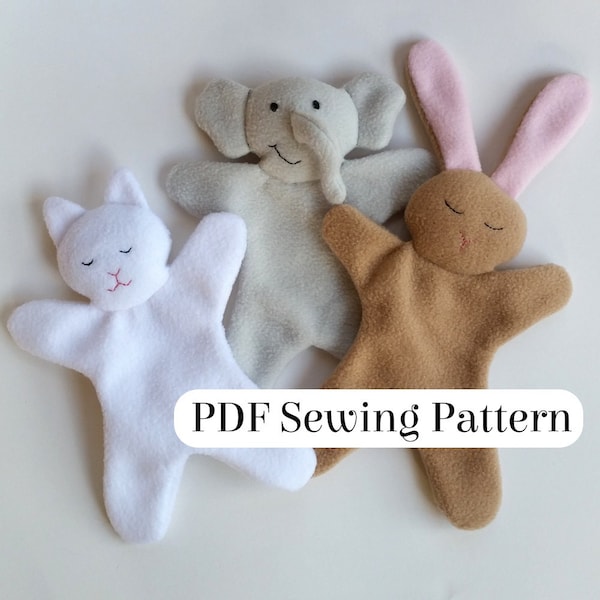 Sweet & Simple Loveys Pattern - PDF sewing pattern - DIY baby gift - Comfort Blanket Animal - Kitten, Elephant, and Bunny Blankie