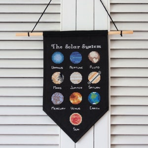 May include: A black felt banner with the text "The Solar System" and a cross-stitch design of the planets in our solar system. The planets are labeled with their names: Mercury, Venus, Earth, Mars, Jupiter, Saturn, Uranus, Neptune, and Pluto. The sun is also depicted at the bottom of the banner.