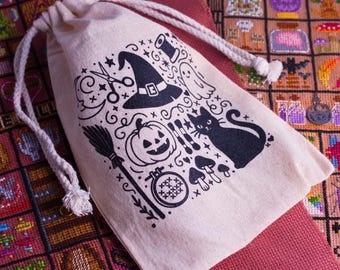 Spooky Halloween Cross Stitch Stash Bag, Cotton Embroidery Project Bag, Crafting Gift