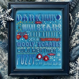 Winter SAL 2024 / Typography Winter Cross Stitch / Stitchonomy Winter Stitch Along / Fuzzy Sweaters / Dark Nights / Bright Stars Embroidery