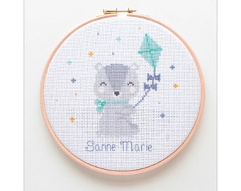 Cross Stitch Bear Birth Tile / Modern Cross Stitch kit/ Bear Cross Stitch Kit / Gender Neutral Cross Stitch Kit/ Baby Shower Stitch Kit/