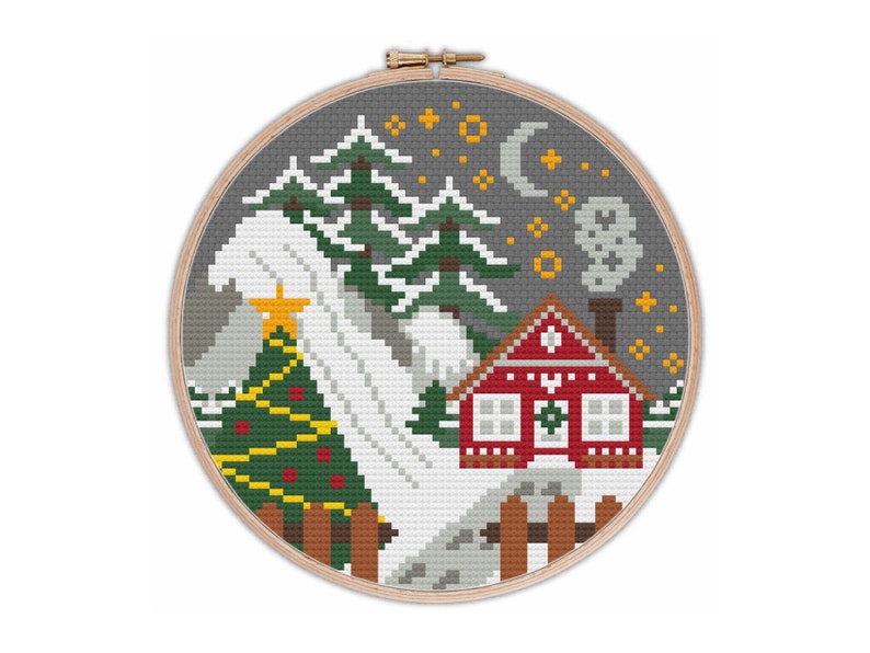 Christmas Scene Cross Stitch Pattern / Stitch Pattern / christmas stitch / cross stitch christmas pattern cabin stitch pattern / stitch image 1