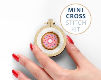 Donut Mini Cross Stitch Kit, Fun Food Beginner Craft Set