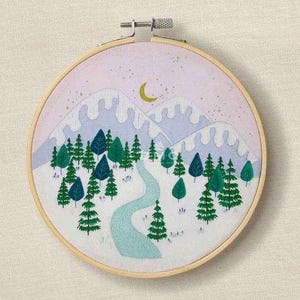 Winter Landscape Embroidery Kit / Mountains, Snow & Evergreen Complete Winter Embroidery Kit / DMC feats Georgie K. Emery Embroidery Kit