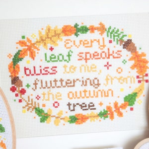 Emily Brontë Quote Fall Wreath, PDF Cross Stitch Pattern, floral wreath, Seasons cross stitch, acorns cross stitch, Literary Cross Stitch image 1