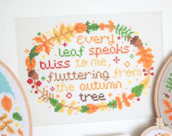 Emily Brontë Quote Fall Wreath, PDF Cross Stitch Pattern, floral wreath, Seasons cross stitch, acorns cross stitch, Literary Cross Stitch