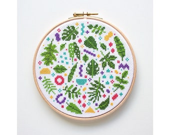 Houseplant Collage Cross Stitch Pattern / Plant Cross Stitch / Plants and Colors / Monstera Colour / Confetti Leaves Cross Stitch Collage /