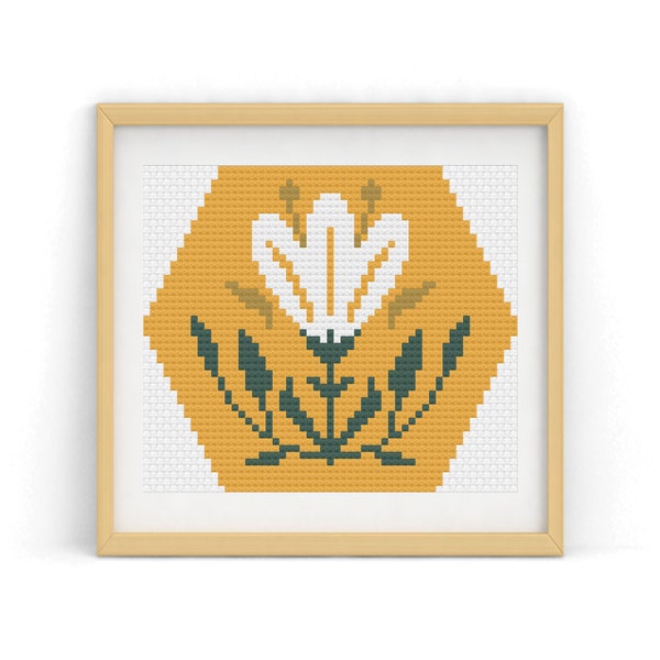 Yellow Hexagon White Flower Cross Stitch Pattern, hexagon flower, geometric craft, modern cross stitch, nature decor, flower needlework