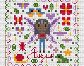 August Fairy Cross Stitch Pattern, Woodland Fungi PDF