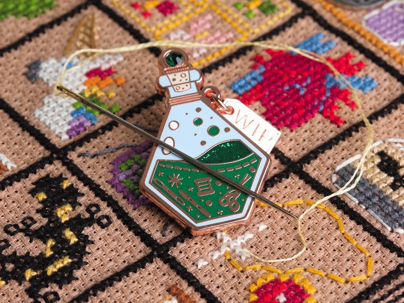 Potion Bottle Needle Minder, Witchy Halloween Cross Stitch Accessory Green Needle Minder