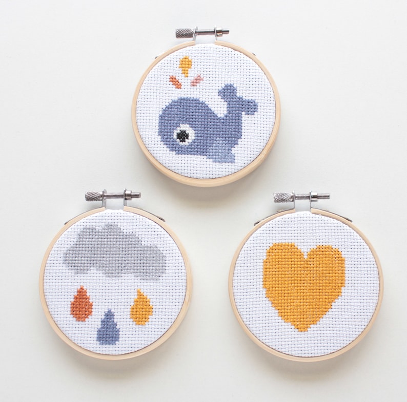 Wallie The Whale Cross Stitch Kit / Modern Cross Stitch kit/ 3 Hoop Cross Stitch / Cross Stitch Kit Heart, Cloud And Whale/ Cross Stitch Kit image 2