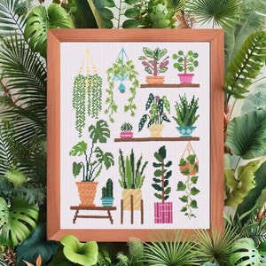Könnte beinhalten: Ein gerahmtes Kreuzstich-Design mit einer Sammlung von Topfpflanzen in verschiedenen Farben und Stilen. Die Pflanzen sind in Regalen mit weißem Hintergrund angeordnet.