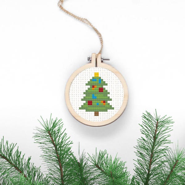 Christmas Tree Cross Stitch Pattern Xmas Digital Download Simple Needlepoint DIY Christmas Decor Holiday Crafts Decorated Fir Xmas Jewelry