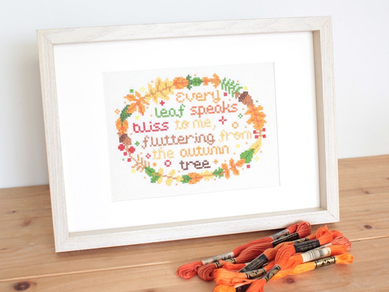 Emily Brontë Quote Fall Wreath, PDF Cross Stitch Pattern, floral wreath, Seasons cross stitch, acorns cross stitch, Literary Cross Stitch image 2