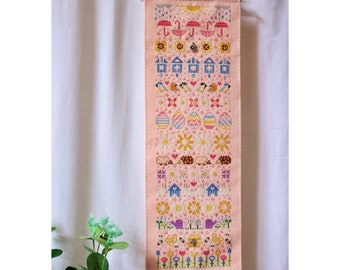 Spring SAL 2022 / Spring Flower Stitch Along / Modern Spring Bell Pull Cross Stitch / Flower Stitch / Bird Embroidery / Hedgehog Pattern