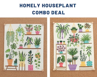 COMBI DEAL 2 patterns: Homely Houseplants V1 & V2 SAL Patterns / Value for Money / Cross Stitch Plant Patterns / Plant Embroidery / Monstera