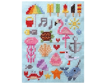 Summer Collage Cross Stitch Pattern, Sampler PDF