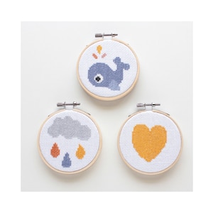 Wallie The Whale Cross Stitch Kit / Modern Cross Stitch kit/ 3 Hoop Cross Stitch / Cross Stitch Kit Heart, Cloud And Whale/ Cross Stitch Kit image 1