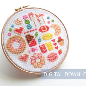 cross stitch pattern, sweets pattern, sweets collage, candy cross stitch, stitch candy pattern, cute cross stitch, fast food cross stitch