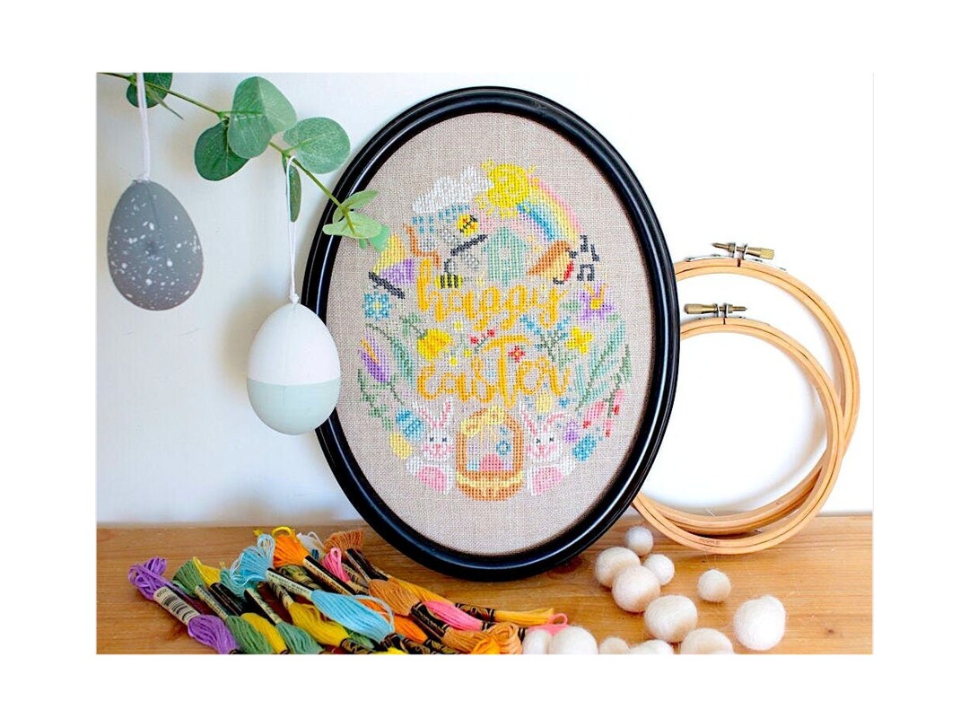 Happy Easter Cross Stitch Pattern, PDF Spring Easter Egg Stitch Along ...