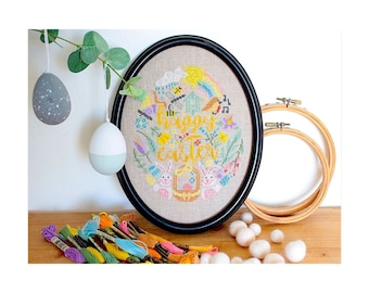 Happy Easter Cross Stitch Pattern, PDF Spring Egg Sampler