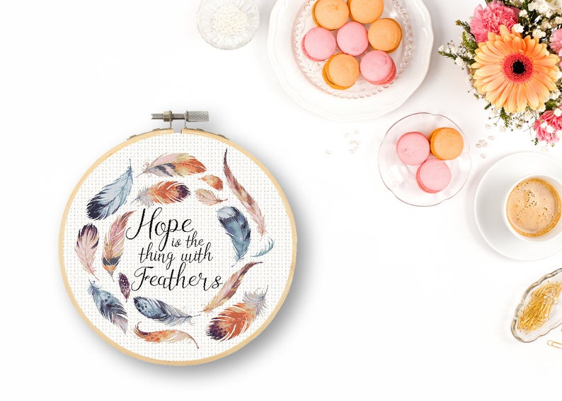 Watercolor Feather Cross Stitch Pattern Hope is the thing with Feathers Emily Dickinson Quote Large Cross Stitch Pattern Watercolors
