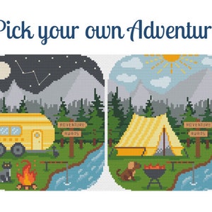 Camping Cross Stitch Pattern / Choose Your Adventure Stitch / Mountains Cross Stitch / Vanlife Cross Stitch / Vanlife Embroidery / Dog / Cat image 1