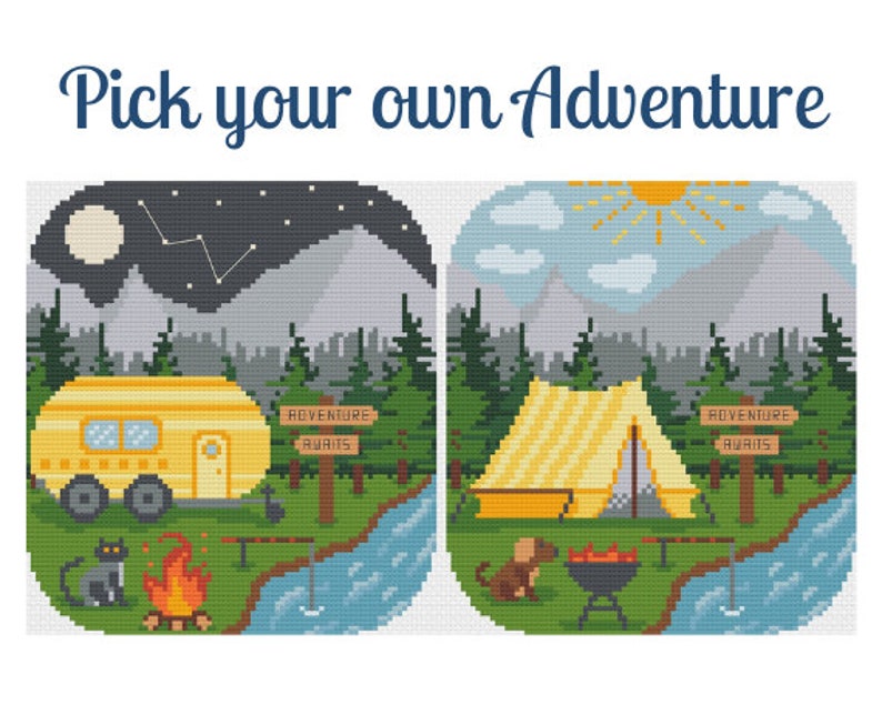 Camping Cross Stitch Pattern / Choose Your Adventure Stitch / Mountains Cross Stitch / Vanlife Cross Stitch / Vanlife Embroidery / Dog / Cat image 1