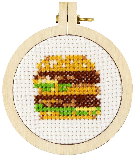 Mini Hamburger, kits cross stitch, tiny embroidery hoop, Fastfood mini  cross stitch kits, childrens cross stitch kits, Cheeseburger Stitch