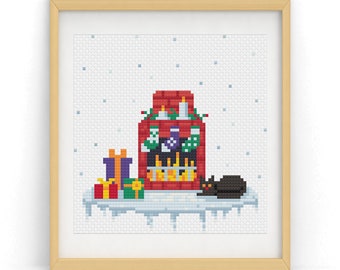 Chimney and Christmas Presents Cross Stitch Pattern, chimney christmas, christmas craft, holiday cross stitch, festive decor,  needlework