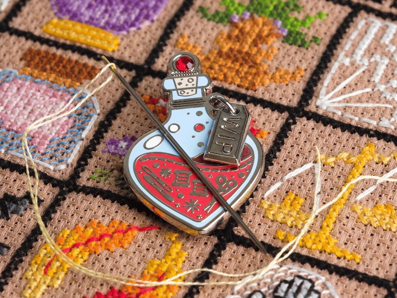 Potion Bottle Needle Minder, Witchy Halloween Cross Stitch Accessory Red Needle Minder