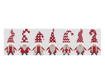 May include: Eight red and white gnomes with different patterned hats stand in a row. The gnomes are wearing red shirts, white pants, and white beards.