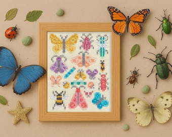 Insect Collage Cross Stitch Pattern PDF, Colorful Beetles Bees Bug Nature Instant Download, Beginner Nature Embroidery Gift
