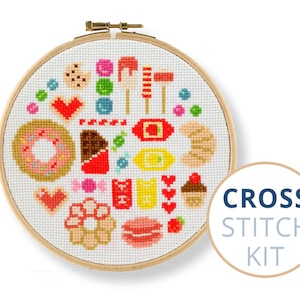 Candy embroidery kit, modern cross stitch kit, Sampler, cross stitch sampler kits, girls cross stitch kit, Candy Sampler Kit, Kawaii Stitch