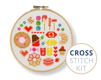 Candy embroidery kit, modern cross stitch kit, Sampler, cross stitch sampler kits, girls cross stitch kit, Candy Sampler Kit, Kawaii Stitch