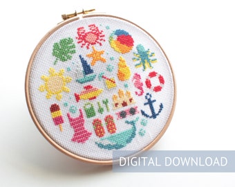 Summer cross stitch pattern, Sampler cross stitch pattern, beach cross stitch pattern, Summer pattern Sampler, Cross Stitch Summer