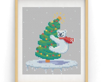 Polar Beer and Christmas Tree Cross Stitch Pattern, polar bear christmas, critter cross-stitch, irresistible stitch, holiday decor, bear