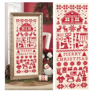 May include: A red and white cross-stitch pattern with a house, reindeer, snowflakes, and the words "Merry Christmas".