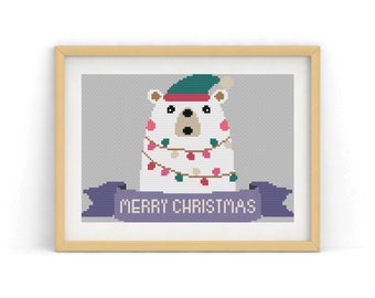 Christmas Polar Bear Cross Stitch Pattern, christmas polar, bear cross, Chic Needle Art, Contemporary Pattern, seasonal crafty,animal needle