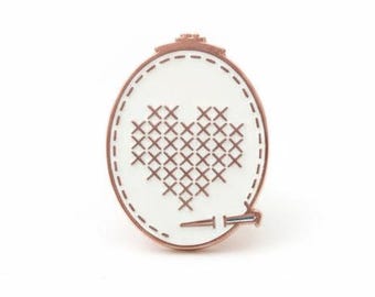 Heart Needle Minder, Rose Gold Enamel Cross Stitch Accessory