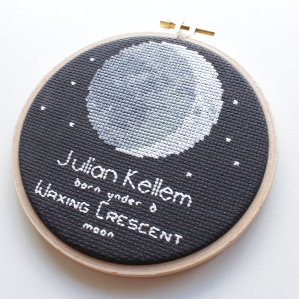 Customizable Moon Phase Cross Stitch Pattern / Under This Moon Pattern / Nursery Gift / Birthday Stitch / Anniversary Stitch Personalized