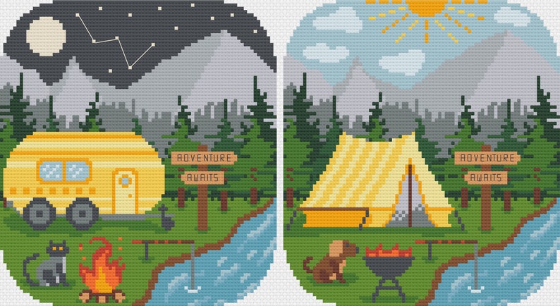 Camping Cross Stitch Pattern / Choose Your Adventure Stitch / Mountains Cross Stitch / Vanlife Cross Stitch / Vanlife Embroidery / Dog / Cat image 2