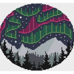 Northern Lights Cross Stitch Pattern / Aurora Borealis Stitch / Mountain Cross Stitch / Travel Stitch / Nature Sky Stitch / Starry Sky