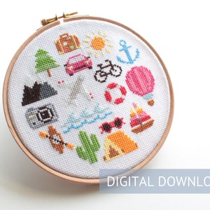 cross stitch pattern, wanderlust cross stitch, adventure stitch, travel gift, travel enthusiast, gift for traveler, stitch pattern travel image 1