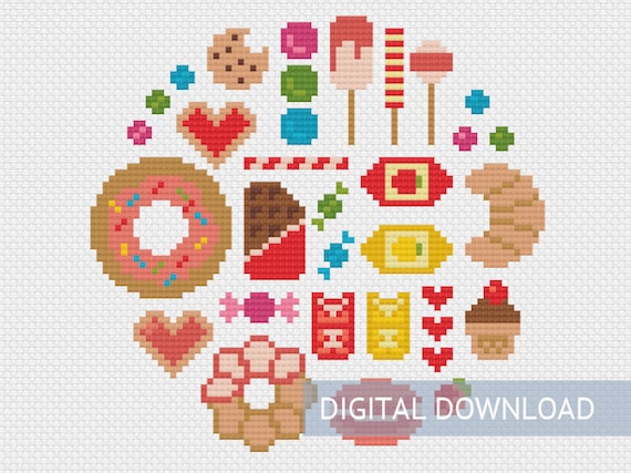 キャンディスイーツコラージュクロスステッチパターンPDF、かわいいお