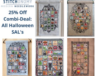 Halloween SAL Cross Stitch Pattern PDF Combi-Deal, Spooky Stitch Along Bundle Instant Download, Beginner Embroidery Gift