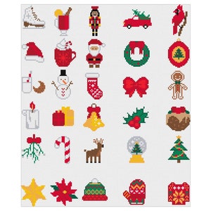 May include: A set of 25 colorful Christmas icons, including a snowman, Santa Claus, a Christmas tree, a stocking, a candy cane, a gingerbread man, a wreath, a bell, a reindeer, a star, a mitten, a hat, a present, a candle, a nutcracker, a cardinal, a hot drink, a snowflake, a bow, a holly sprig, a snow globe, a Christmas ornament, a skate, and a Christmas car.